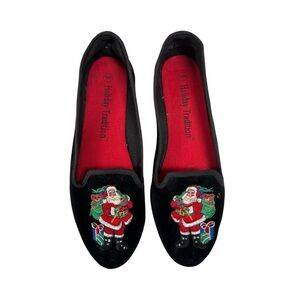 Holiday Tradition Black Velvet Santa Claus Embroidered Slipper Flats Womens 9